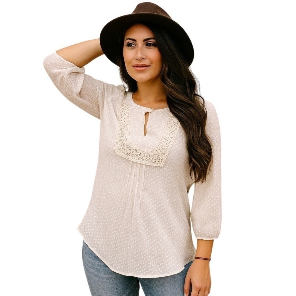 Anthropologie Skies Are Blue Cream Swiss Dot Peasant 3/4 Sleeve Boho Top Size S